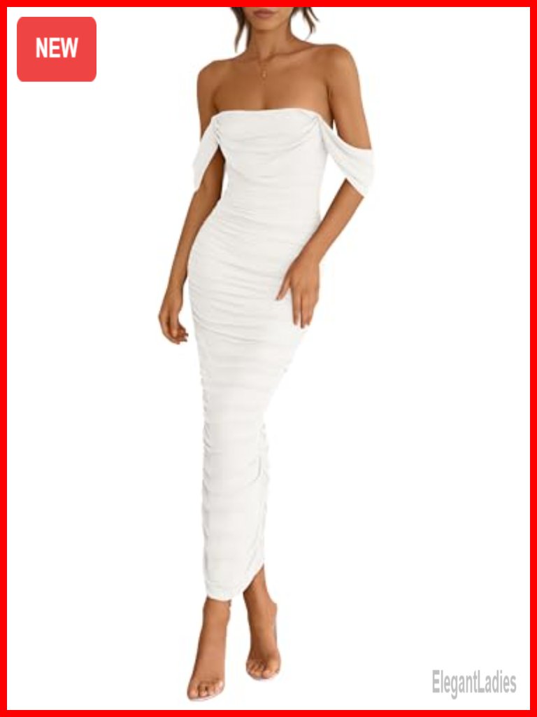 Off Shoulder Ruched Bodycon Sleeveless Split Maxi Dress Summer Cocktail